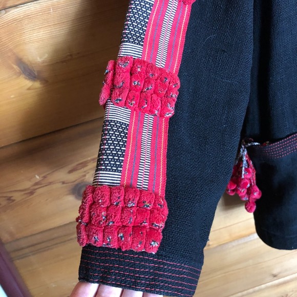 Vintage Red and Black Jacket from Thailand, incorporating ethnic weavings, XL - Picture 5 of 9